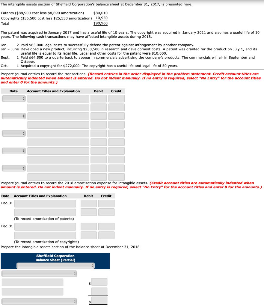 PLEASE HELP AS SOON AS POSSIBLE The intangible assets section of Sheffield