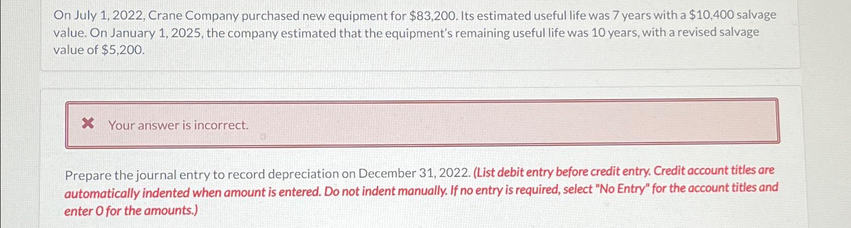  On July 1,2022, Crane Company purchased new equipment for $83,200. Its