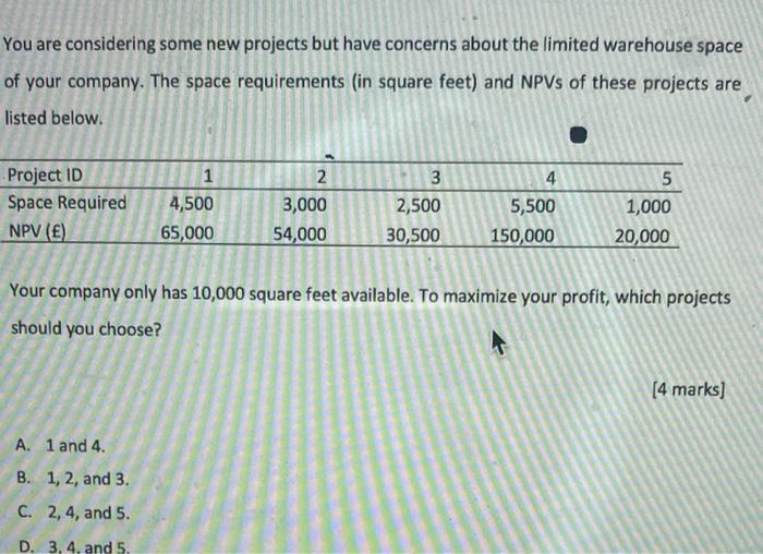  You are considering some new projects but have concerns about the