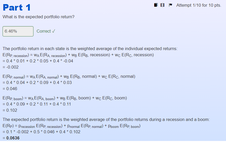 three stocks and their weights in some portfolio: Part 1 Attempt 1/10