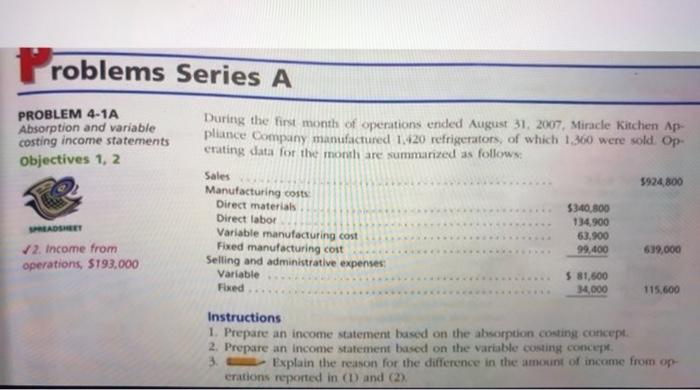  Problems Series A PROBLEM 4.1A Absorption and variable costing income statements