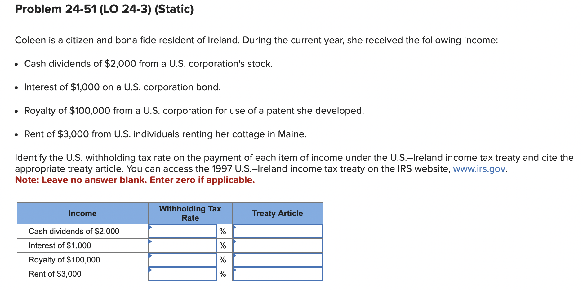  Problem 24-51 (LO 24-3) (Static) Coleen is a citizen and bona