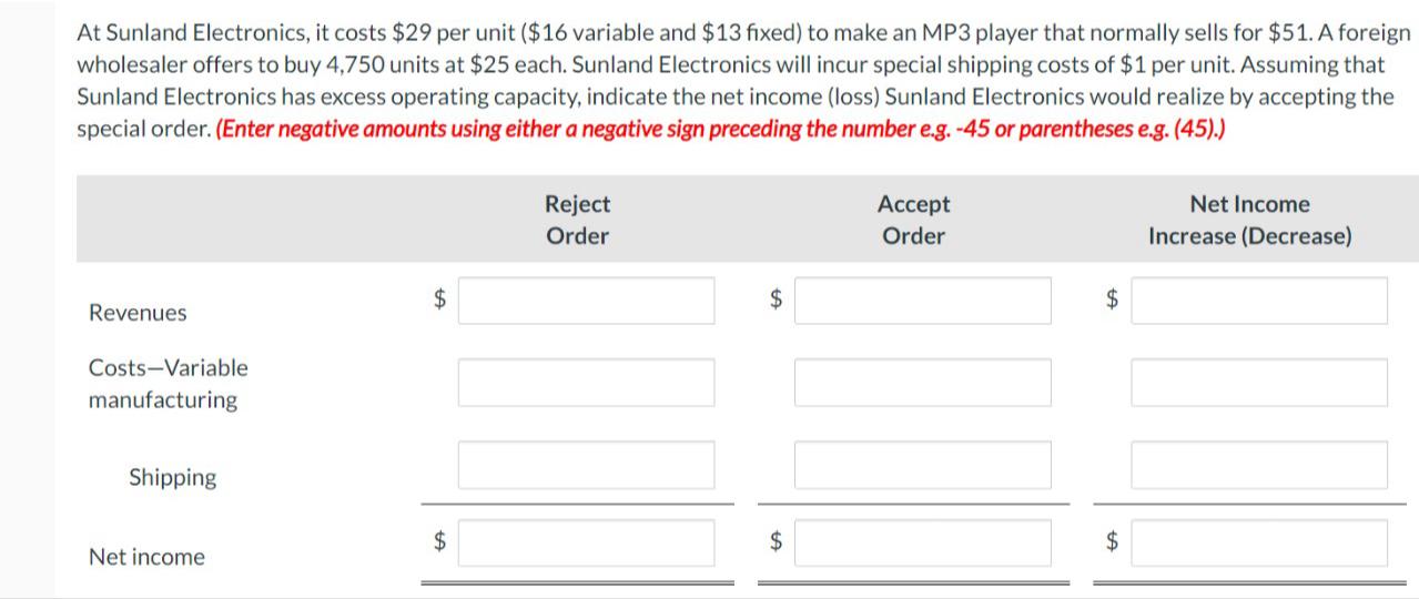 At Sunland Electronics, it costs $29 per unit ( $16 variable