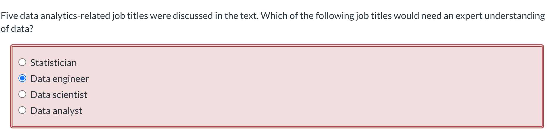 please answer correctly. Five data analytics-related job titles were discussed in the