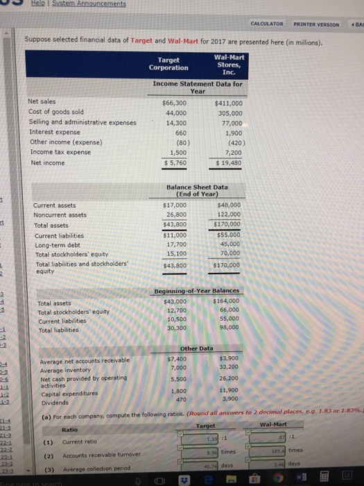  CALCULATOR PRINTER VERSION Suppose selected financial data of Target and Wal-Mart
