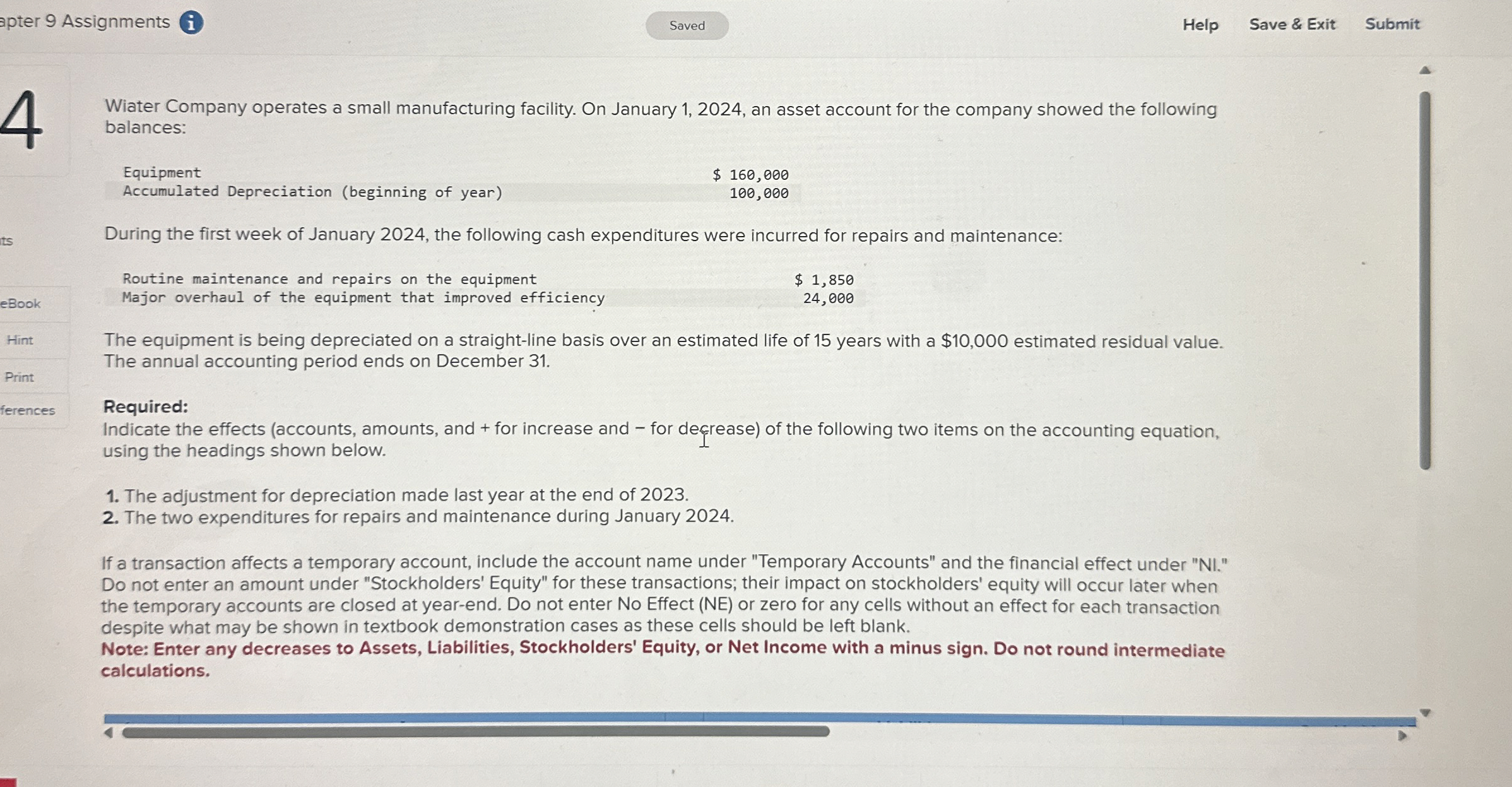  apter 9 Assignments i Help Save & Exit Submit 1 Wiater