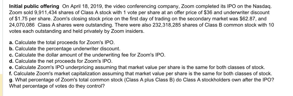 Initial public offering On April 18,2019, the video conferencing company, Zoom