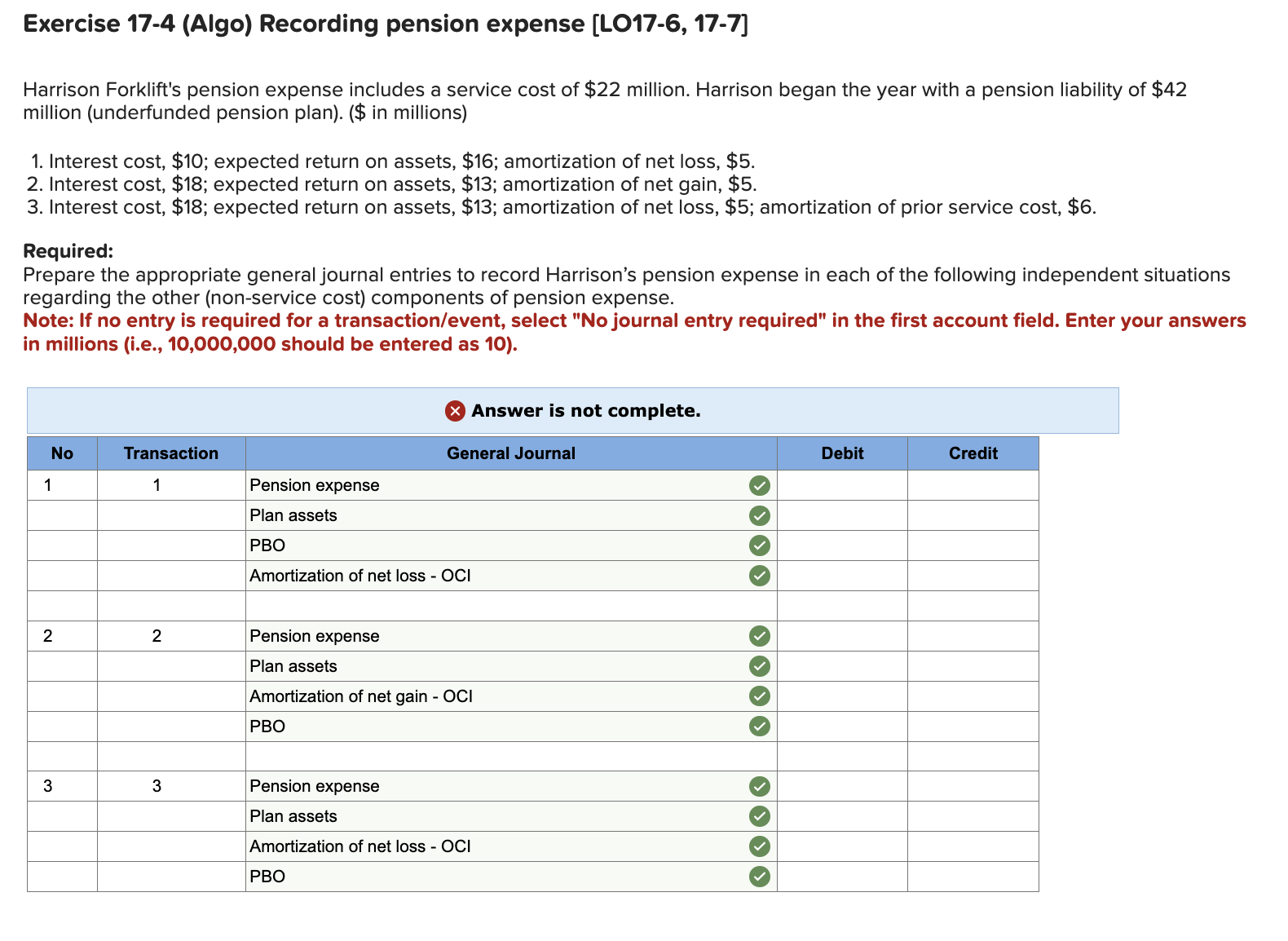  Exercise 17-4(Algo) Recording pension expense [L017-6,17-7] Harrison Forklift's pension expense includes