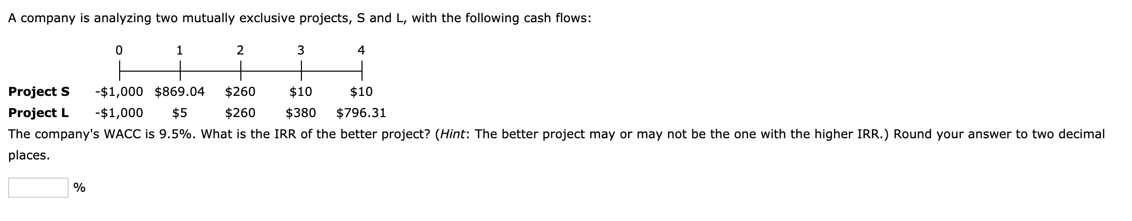  A company is analyzing two mutually exclusive projects, S and L,
