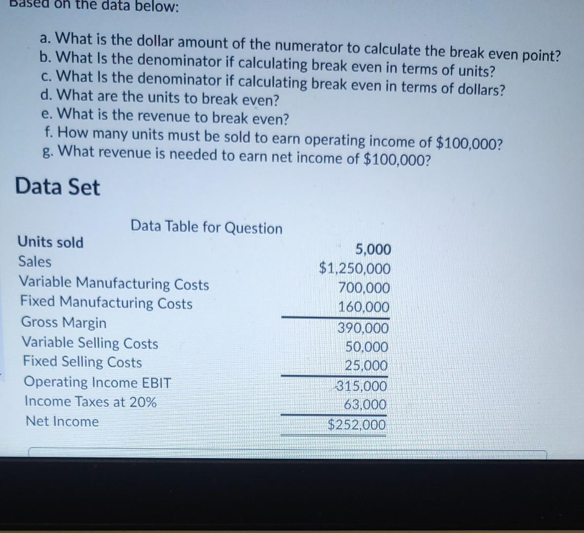 based on the data below: a. What is the dollar amount