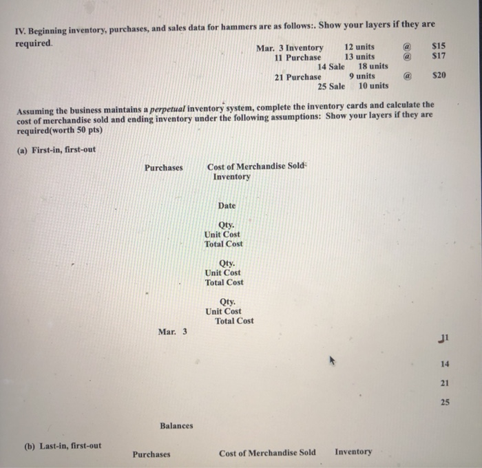  a IV. Beginning inventory, purchases, and sales data for hammers are