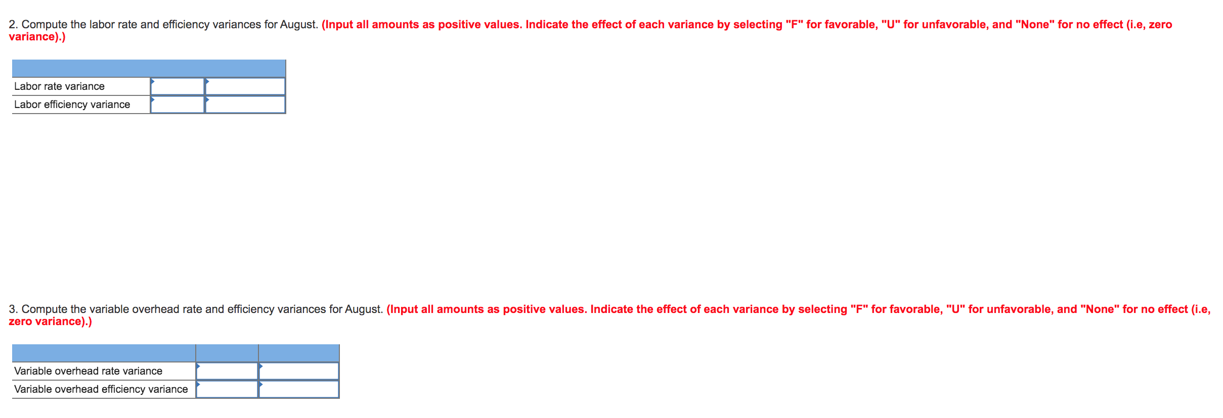  2. Compute the labor rate and efficiency variances for August. (Input