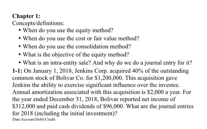  Chapter 1: Concepts/definitions: - When do you use the equity method?