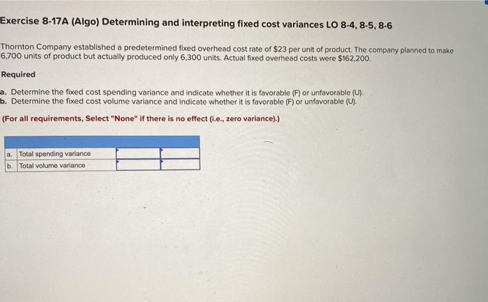  Exercise 8-17A (Algo) Determining and interpreting fixed cost variances LO 8-4,