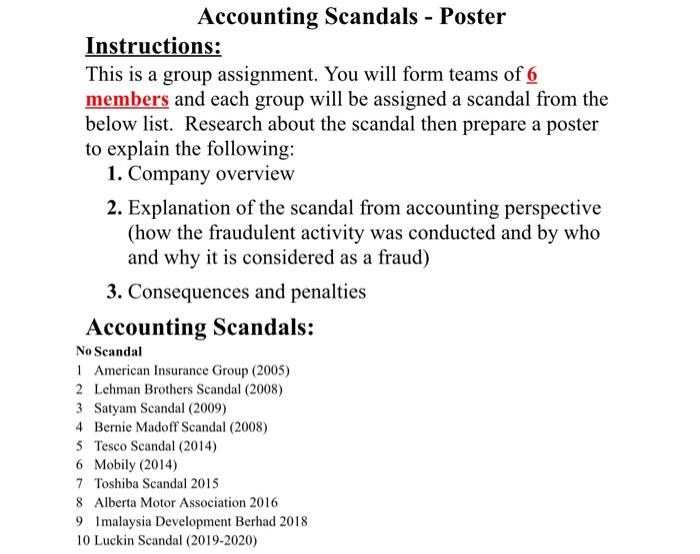 please Accounting Scandals - Poster Instructions: This is a group assignment. You