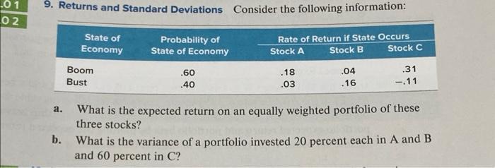  .01 02 9. Returns and Standard Deviations Consider the following information: