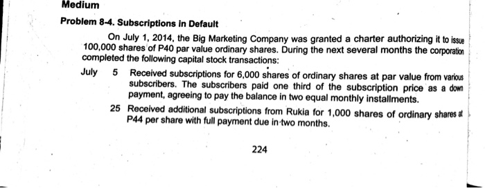  Medium Problem 8-4. Subscriptions in Default On July 1, 2014, the