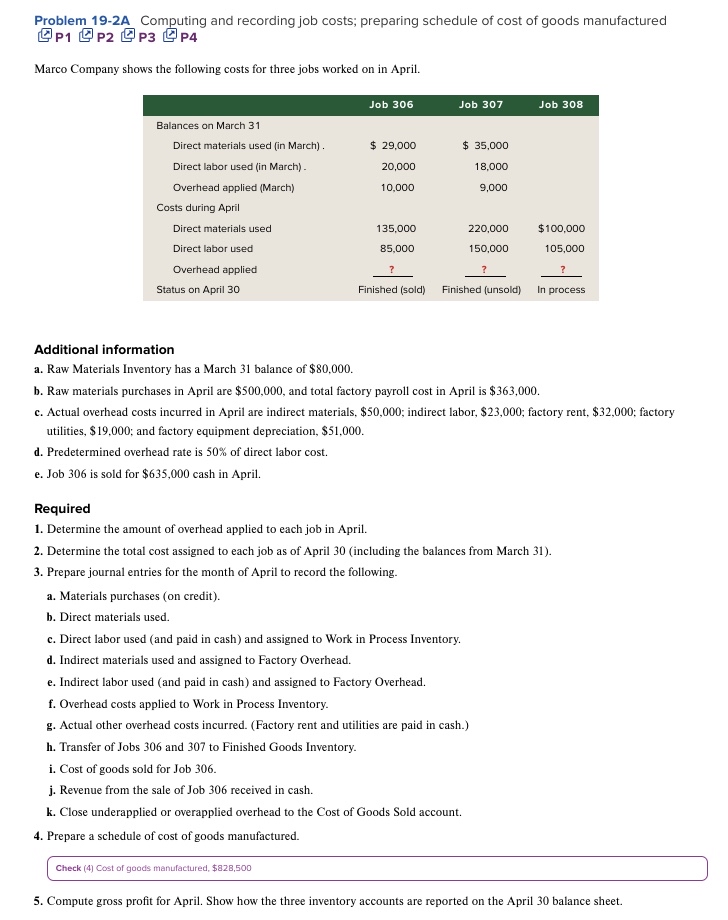 Problem 19-2A Computing and recording job costs; preparing schedule of cost