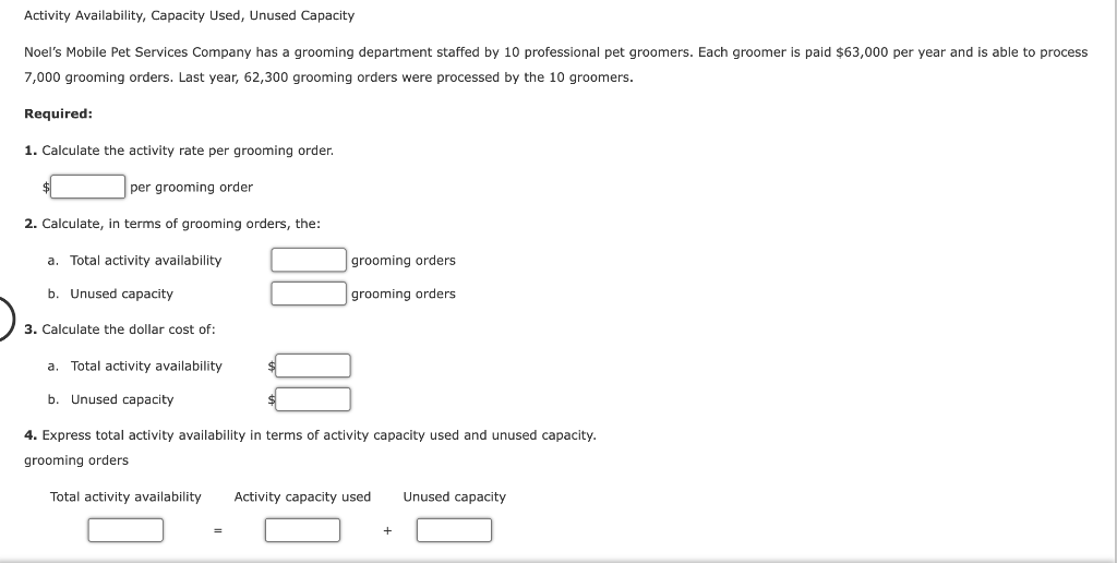  Activity Availability, Capacity Used, Unused Capacity Noel's Mobile Pet Services Company