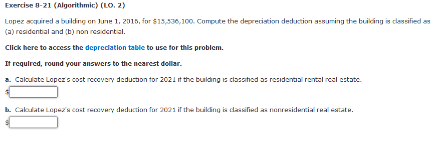 Exercise 8-21 (Algorithmic) (LO. 2) Lopez acquired a building on June