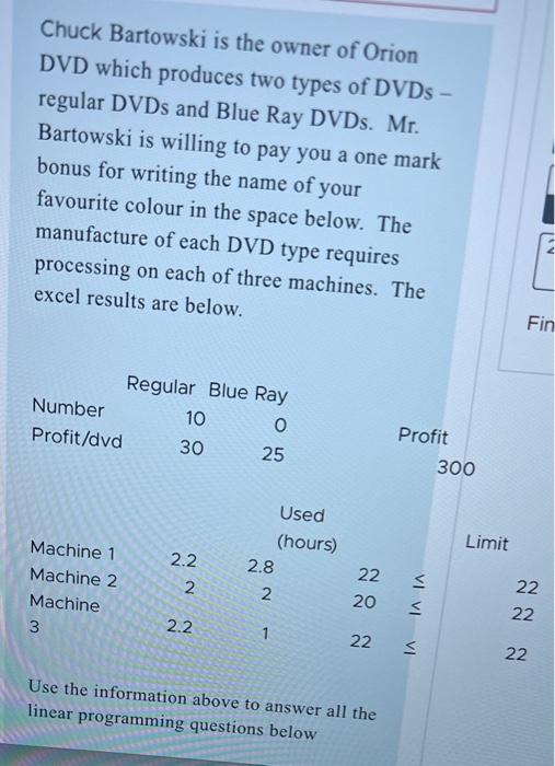 Please help with this Linear programming below Chuck Bartowski is the owner