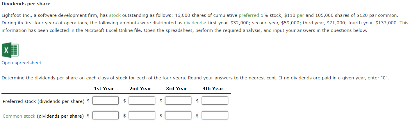 Dividends per share Lightfoot Inc., a software development firm, has stock