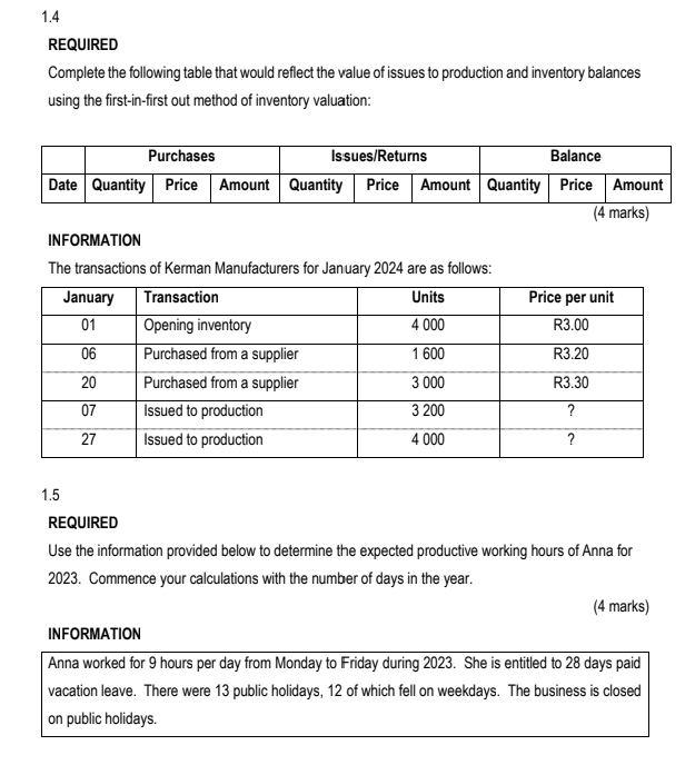  1.4 REQUIRED Complete the following table that would reflect the value
