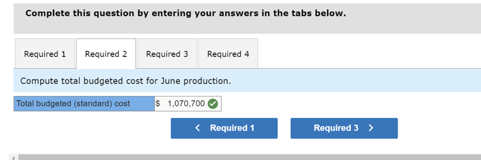 total budgeted cost for June production. Compute total cost variance for June.