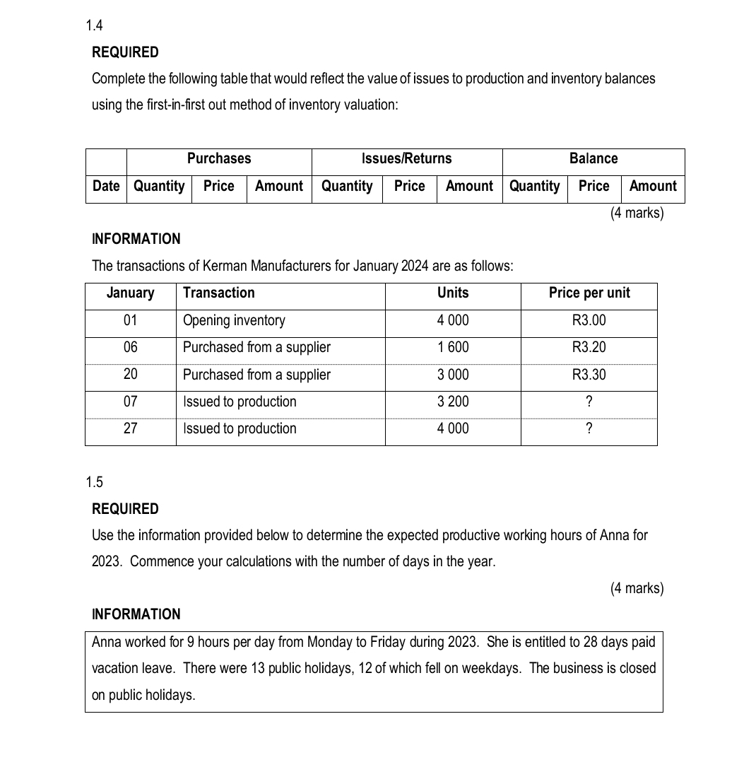  1.4 REQUIRED Complete the following table that would reflect the value