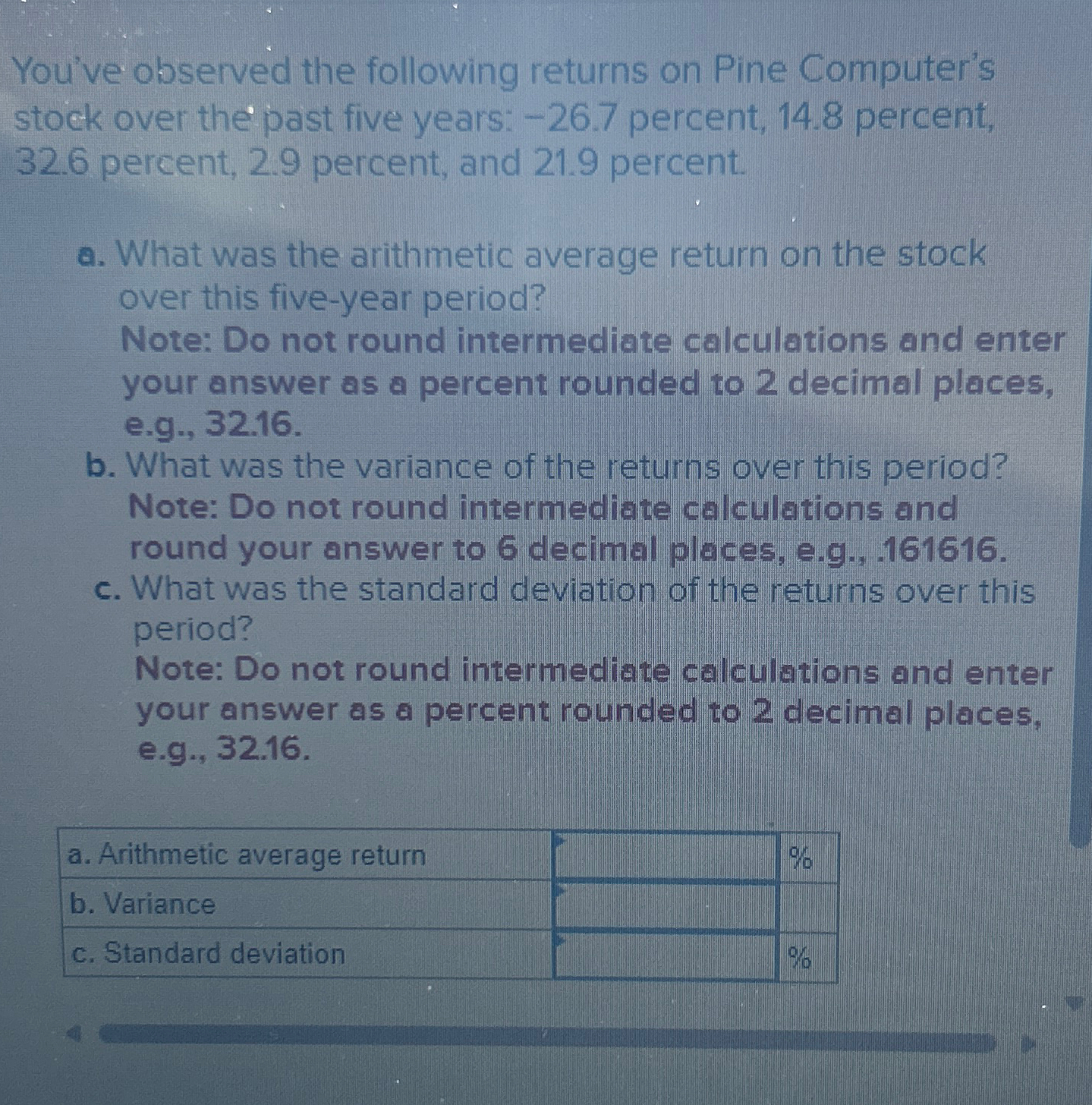  You've observed the following returns on Pine Computer's stock over the