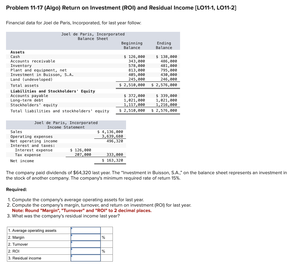 Problem 11-17(Algo) Return on Investment (ROI) and Residual Income [LO11-1, L011-2]