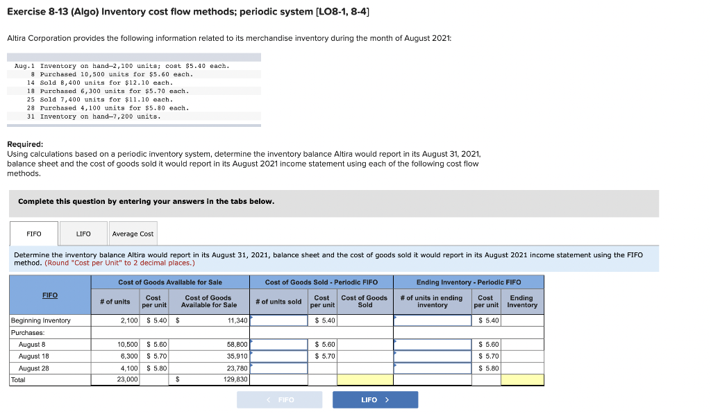  Exercise 8-13 (Algo) Inventory cost flow methods; periodic system (LO8-1, 8-4)