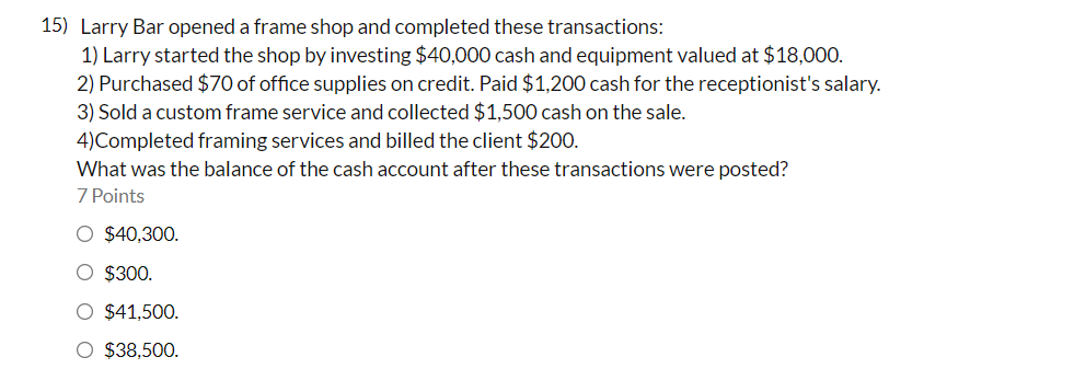 15) Larry Bar opened a frame shop and completed these transactions: