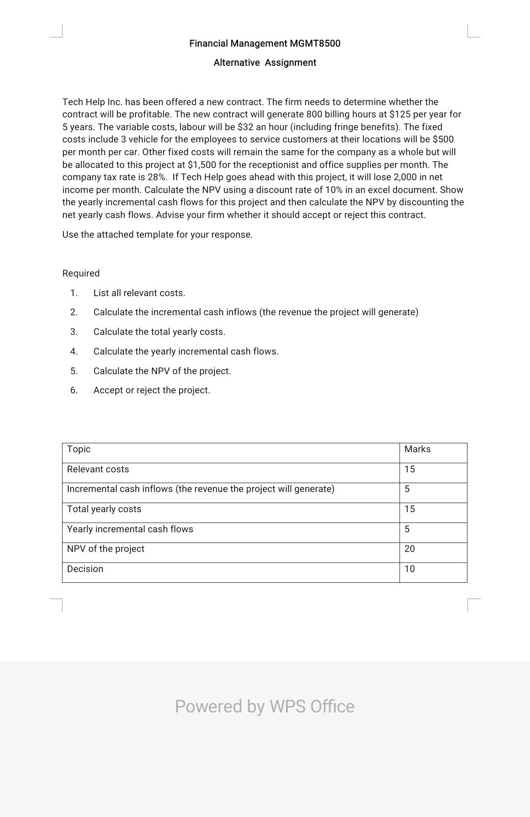 Financial Management MGMT8500 Alternative Assignment Tech Help Inc. has been offered