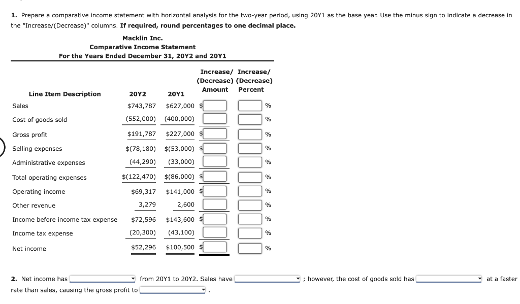  1. Prepare a comparative income statement with horizontal analysis for the