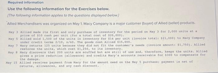  Required information Use the following information for the Exercises below. [The