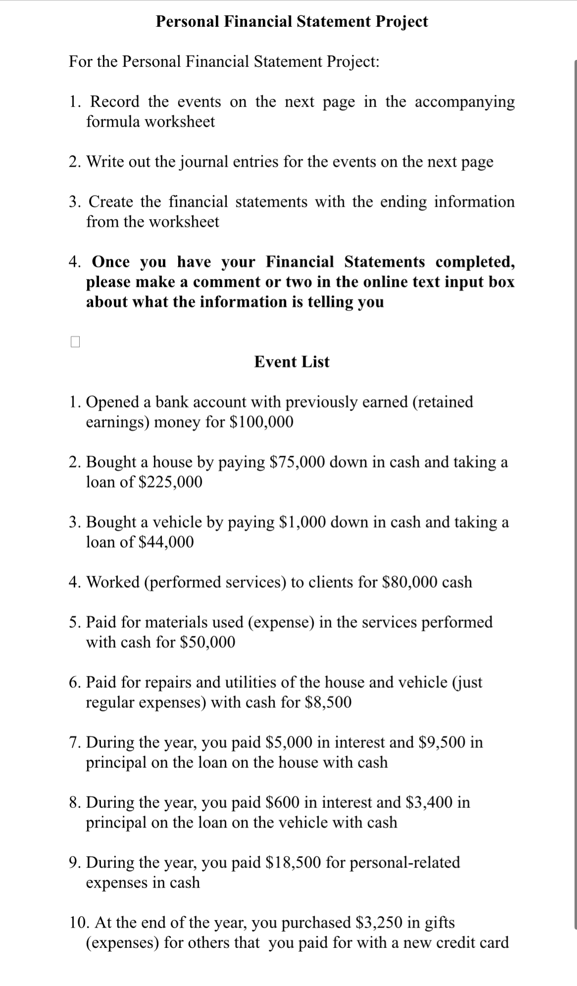  Personal Financial Statement Project For the Personal Financial Statement Project: Record