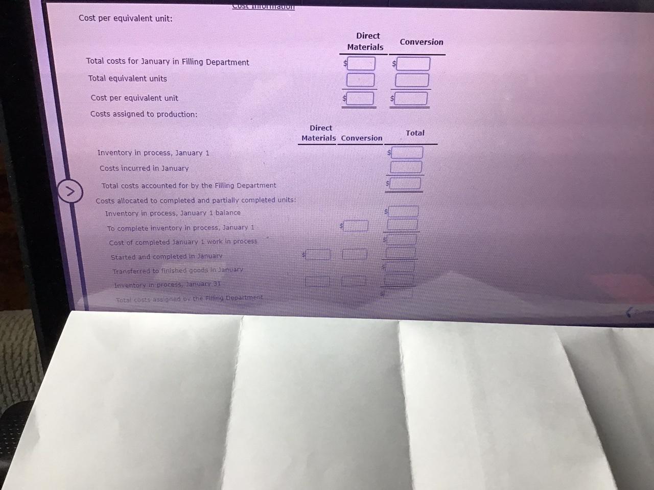 specialty chemicals were completed. Work in Process-Filling Department on January 31 was