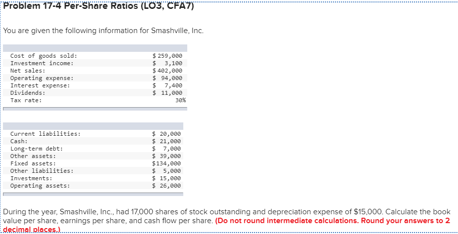  Problem 17-4 Per-Share Ratios (LO3, CFA7) You are given the following