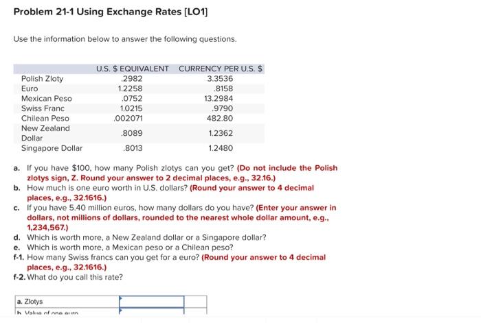  Problem 21-1 Using Exchange Rates [LO1] Use the information below to