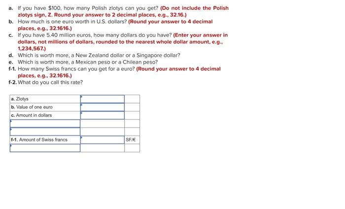 answer the following questions. a. If you have $100, how many Polish