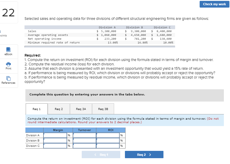  Check my work Selected sales and operating data for three divisions