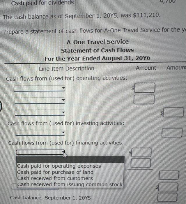 cash flows for A-One Travel Service for the ) A-One Travel Service