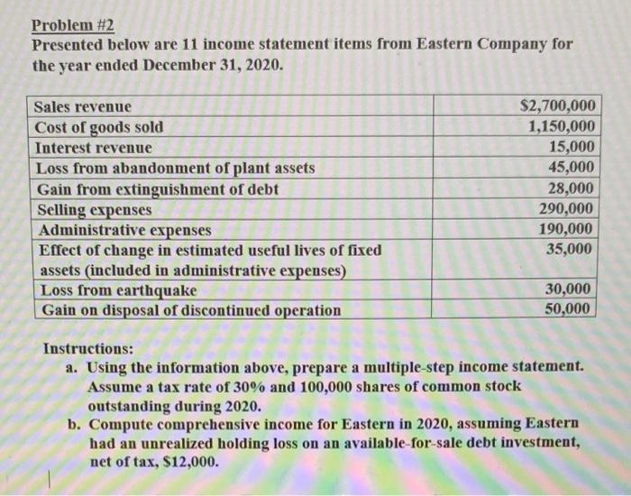  Problem #2 Presented below are 11 income statement items from Eastern