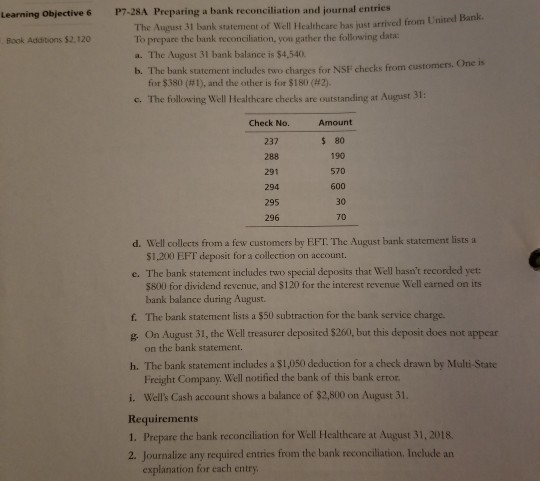  Answer question 28A Learning Objective 6 P7-28A Preparing a bank reconciliation