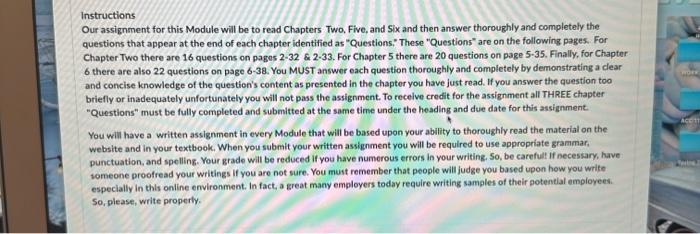  Instructions Our assignment for this Module will be to read Chapters