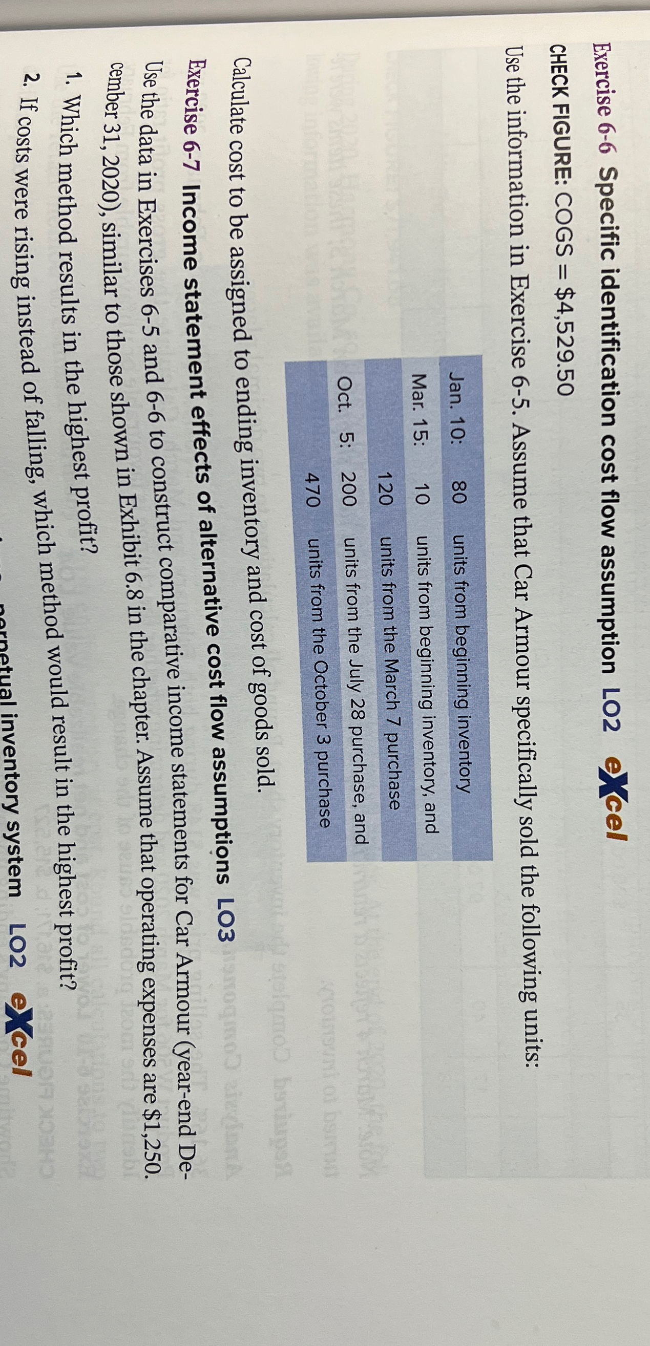  Exercise 6-6 Specific identification cost flow assumption LO2 e) cel CHECK