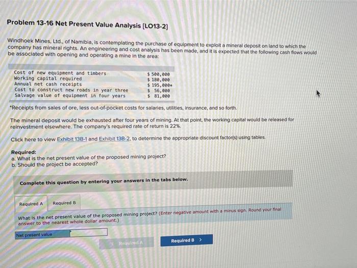  Problem 13-16 Net Present Value Analysis (LO13-2) Windhoek Mines, Ltd., of
