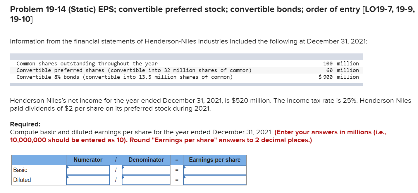  Problem 19-14 (Static) EPS; convertible preferred stock; convertible bonds; order of