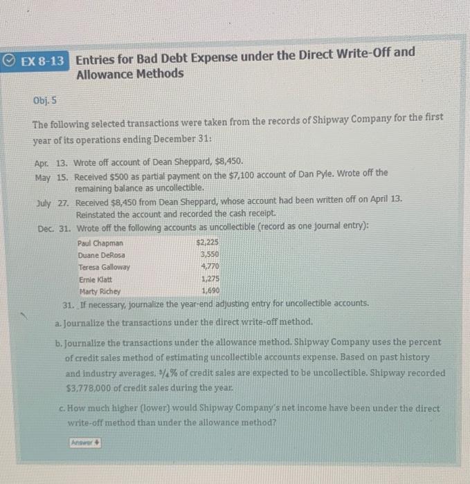  Entries for Bad Debt Expense under the Direct Write-Off and Allowance